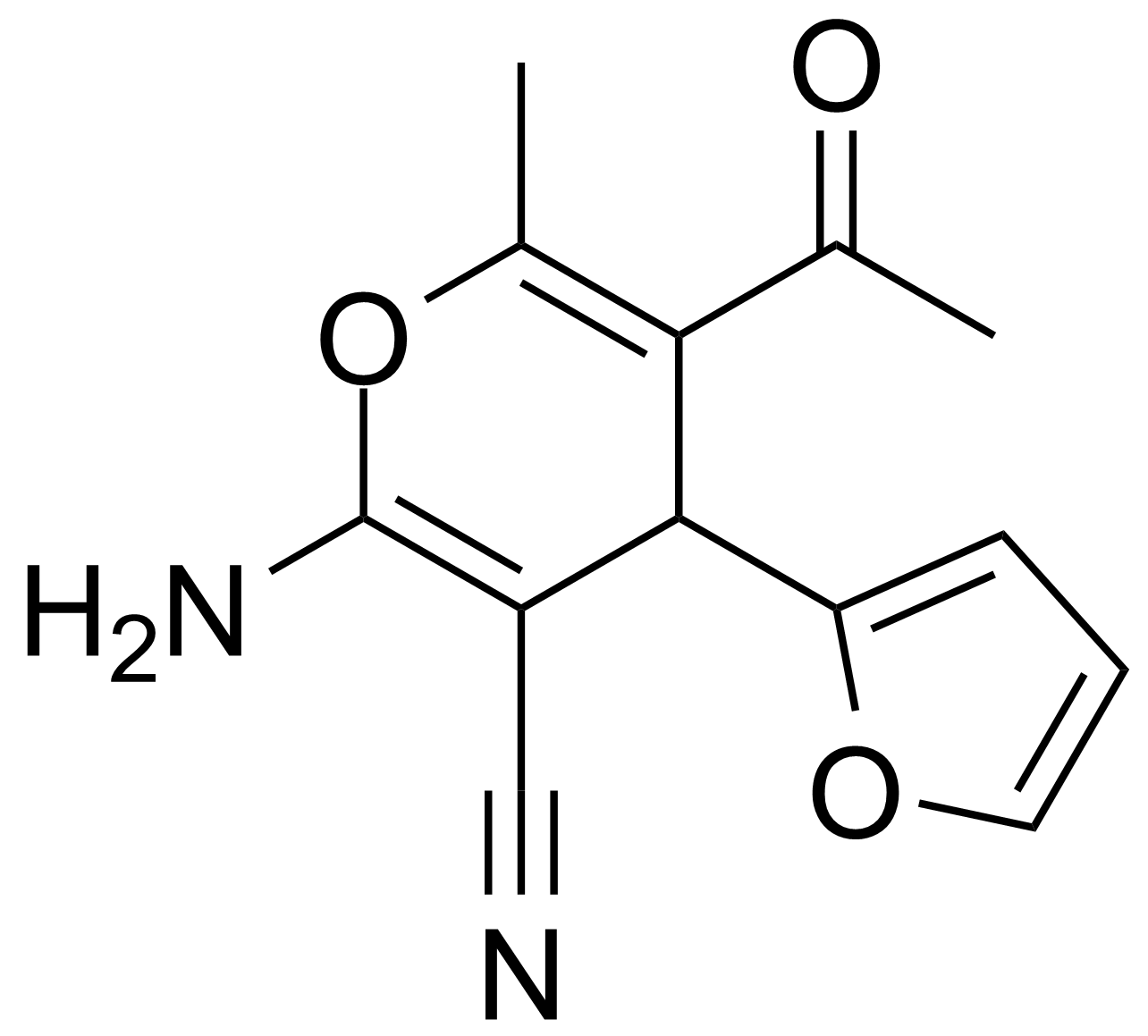 Structure of 5-Acetyl-2-amino-4-(2-furanyl)-6-methyl-4H-pyran-3-carbonitrile